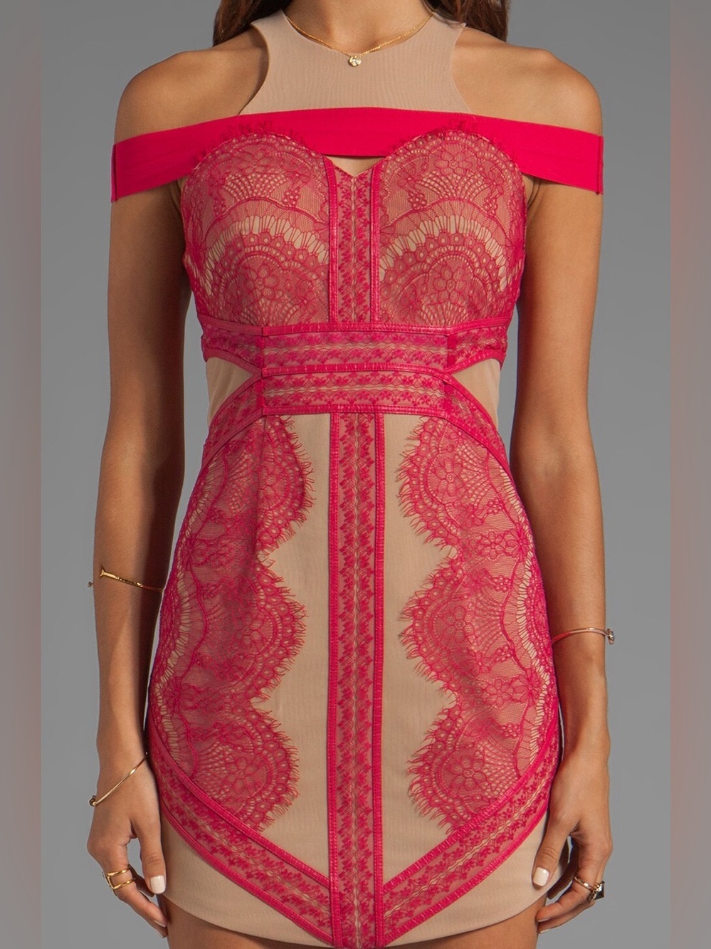 Three Floor Mischief Dress Hot Pink Nude Lace Cutout XS